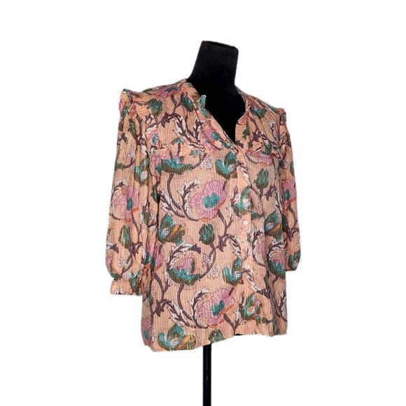 Lola Australia Kara Top Floral Apricot Blouse Ruffle Neck 3/4 Sleeve Boho Chic S - Picture 3 of 10